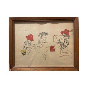 MAXINE vintage Children playing sand 14" x 10" Framed 1974 benchmark art